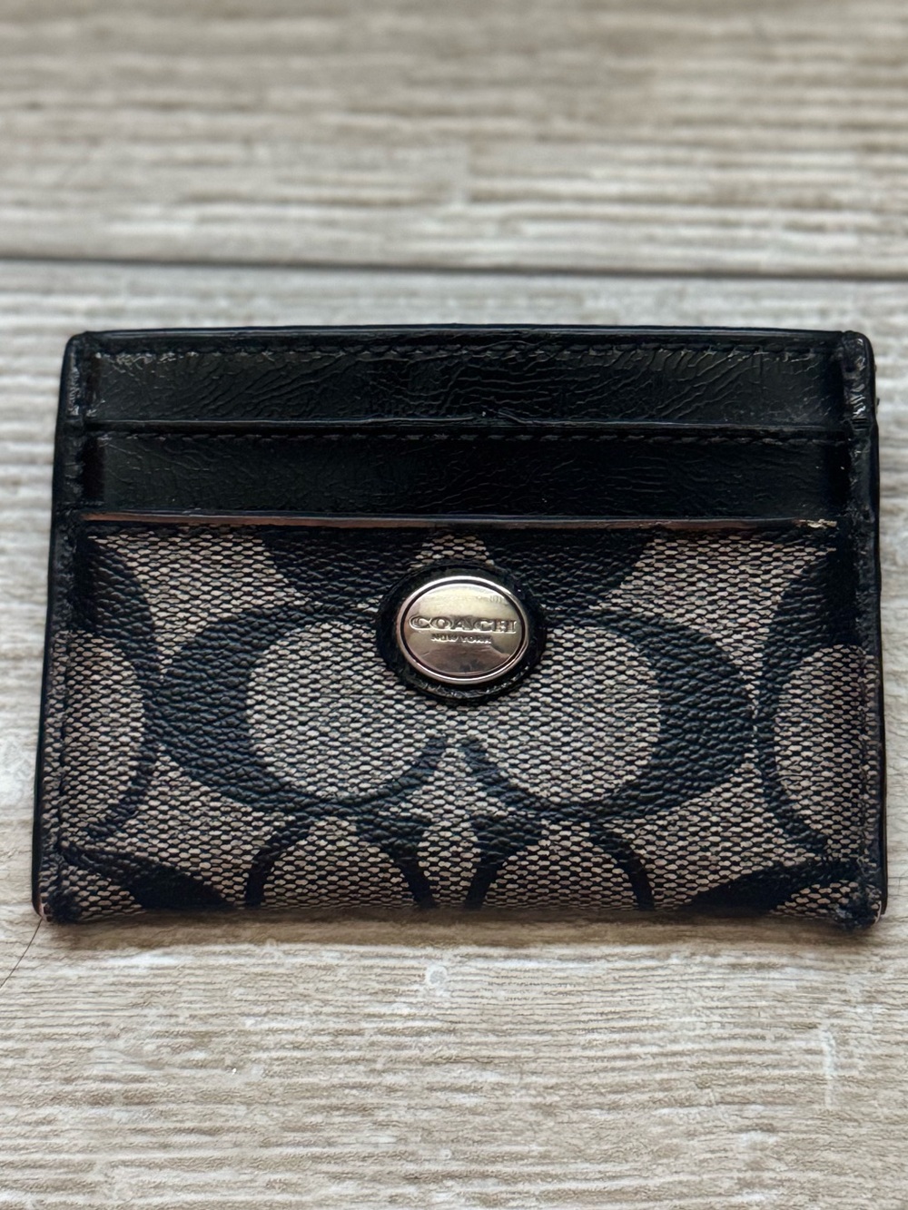 COACH Black and Brown Signature Card Case with Logo Snap